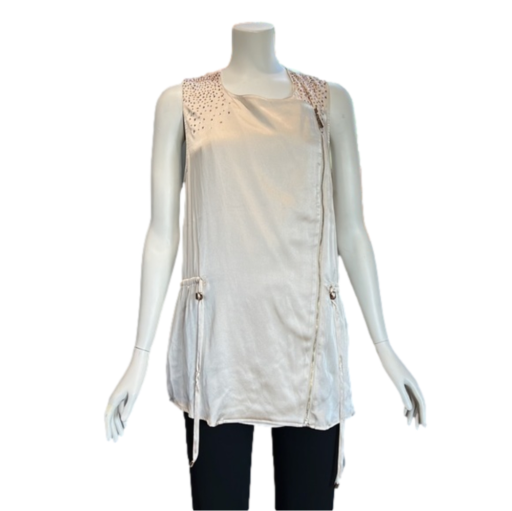 Beige Sleeveless Zip Vest with Crystal Embellishments